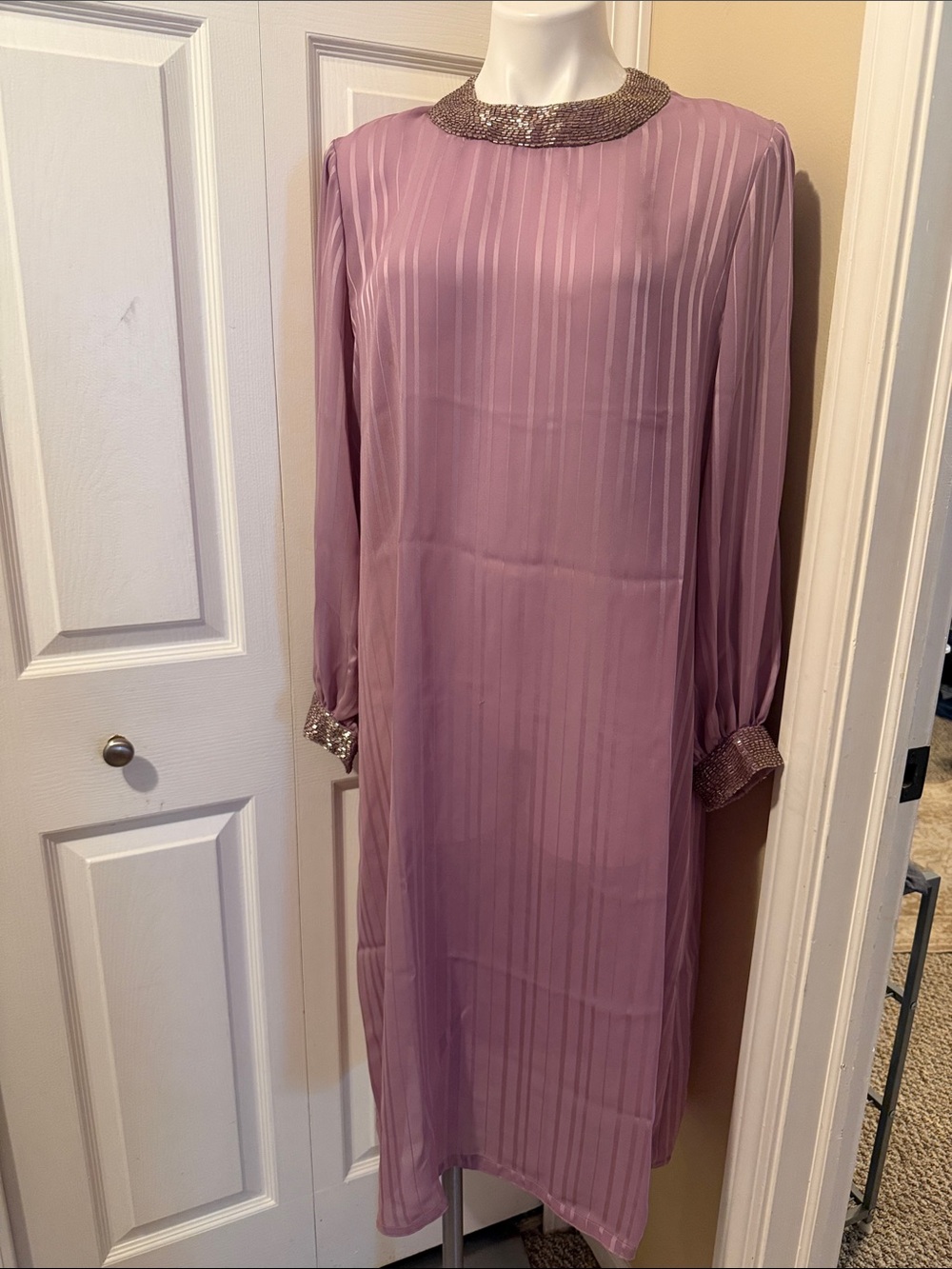 Vintage Long Sleeve Mauve Sheer Caftan Dress with Embellished Collar